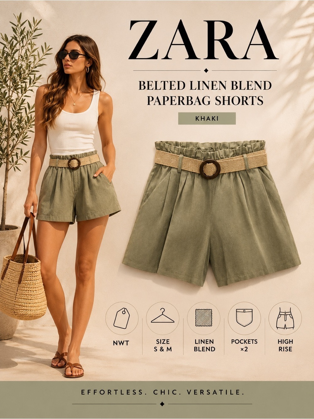 Zara Khaki Belted Linen Blend Paperbag Shorts Size S M NWT High Waist Summer